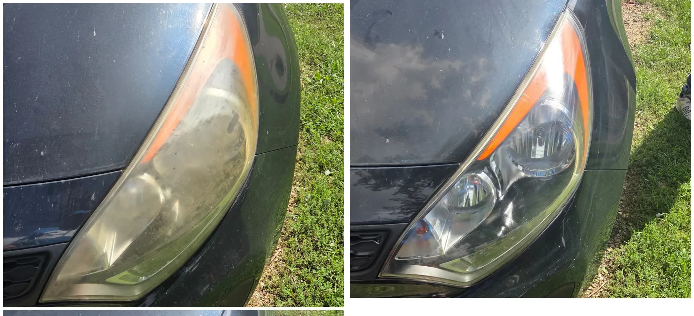 Headlight before and after restoration, yellow haze polished back to clear