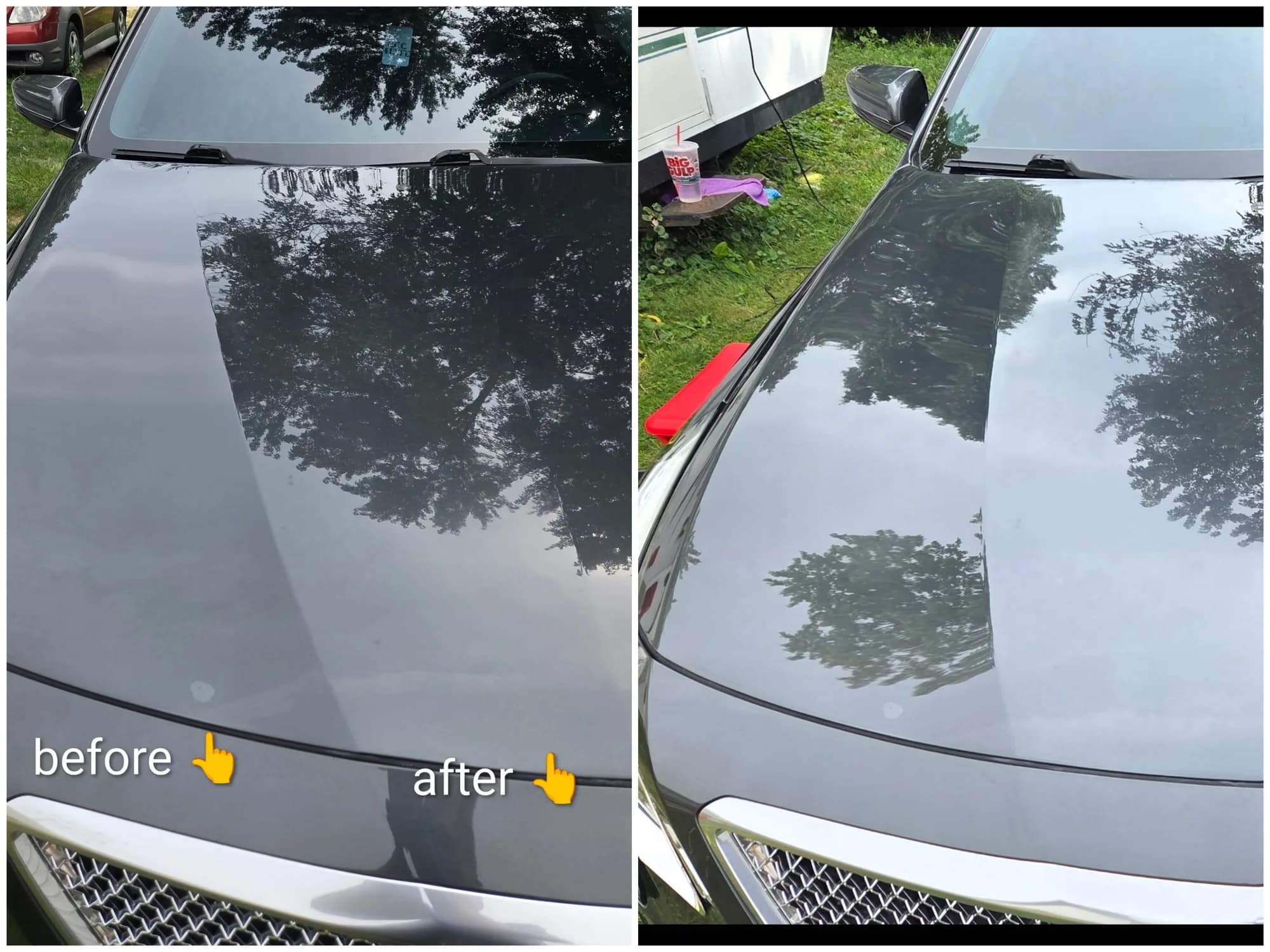 Car hood before and after paint correction, swirls removed and reflections sharp